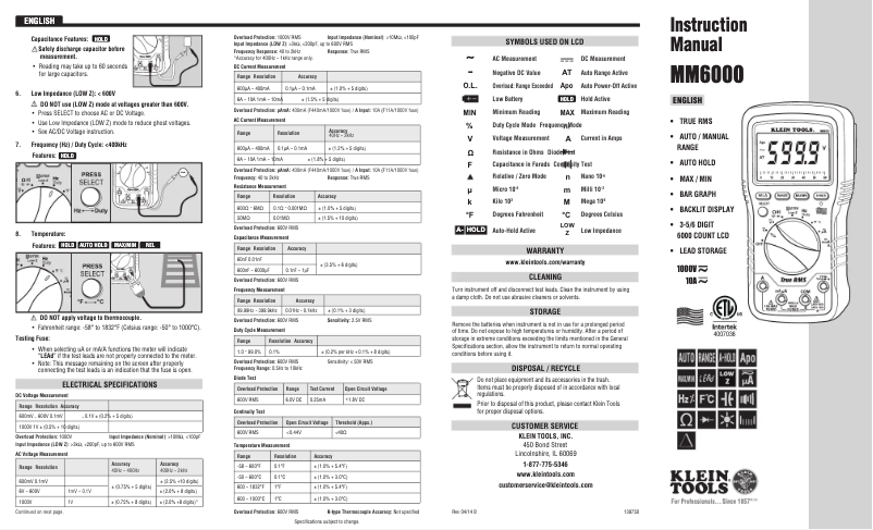 Page n°1 - Manuel utilisateur Klein Tools MM6000