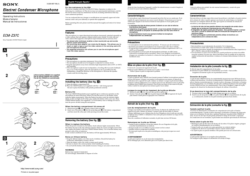 Page 1 de la notice Manuel utilisateur Sony ECM-Z37C