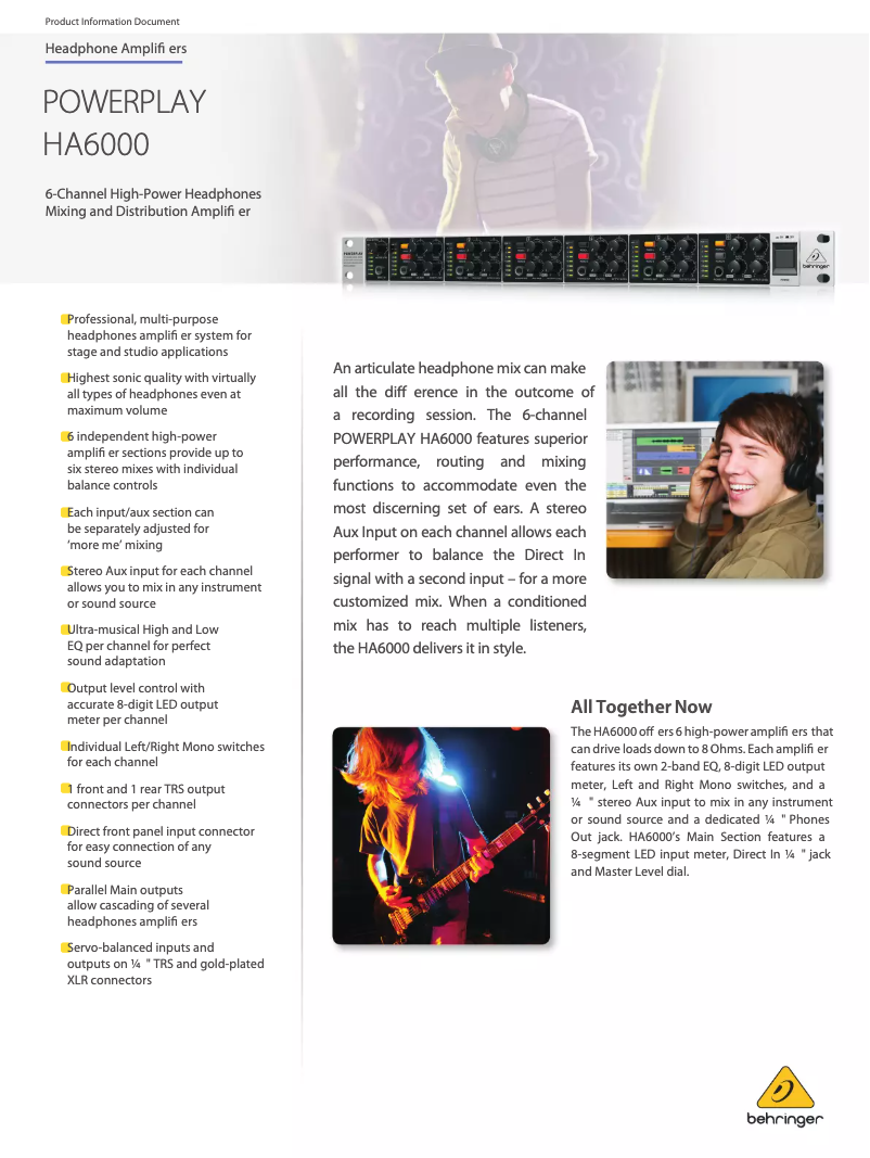 Page 1 de la notice Fiche technique Behringer HA6000