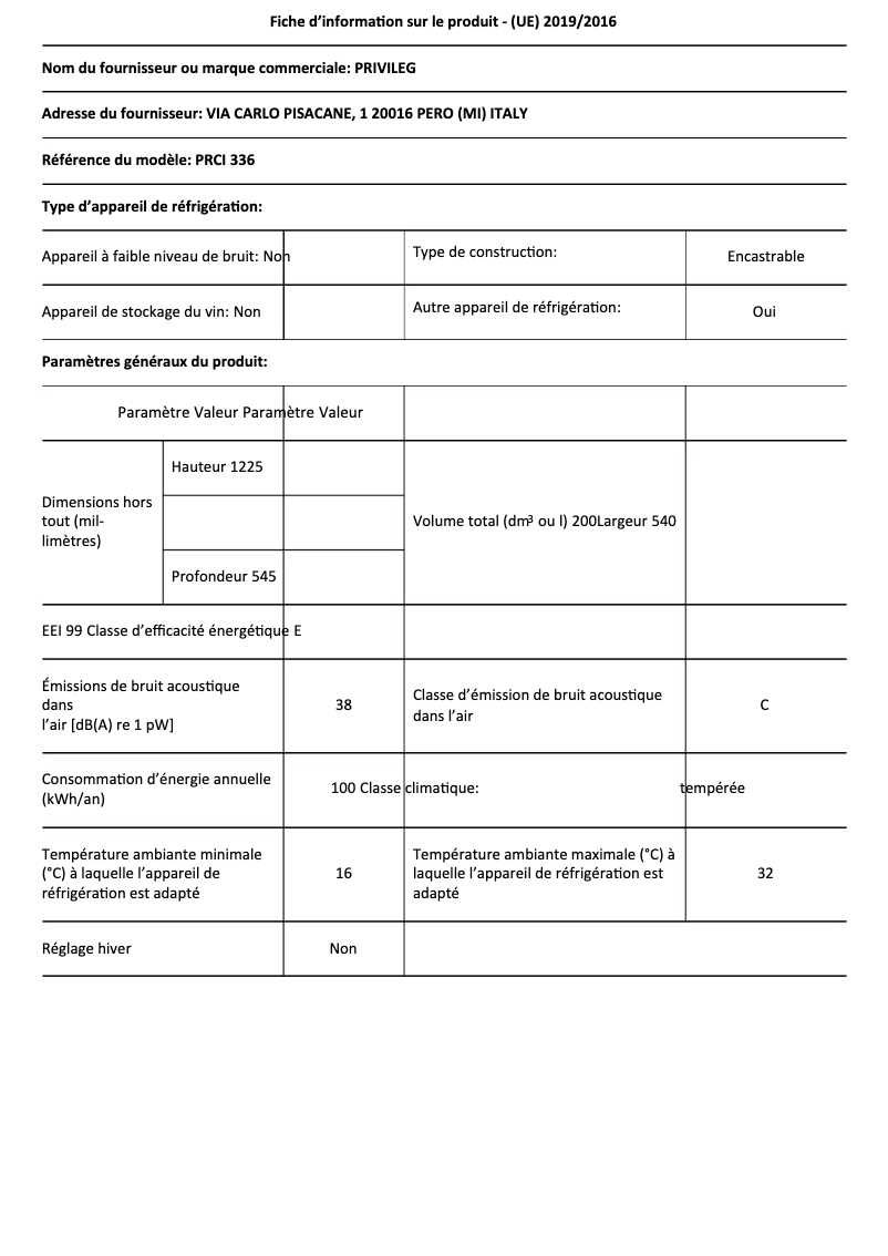 Page n°1 - Fiche technique Privileg PRCI 336