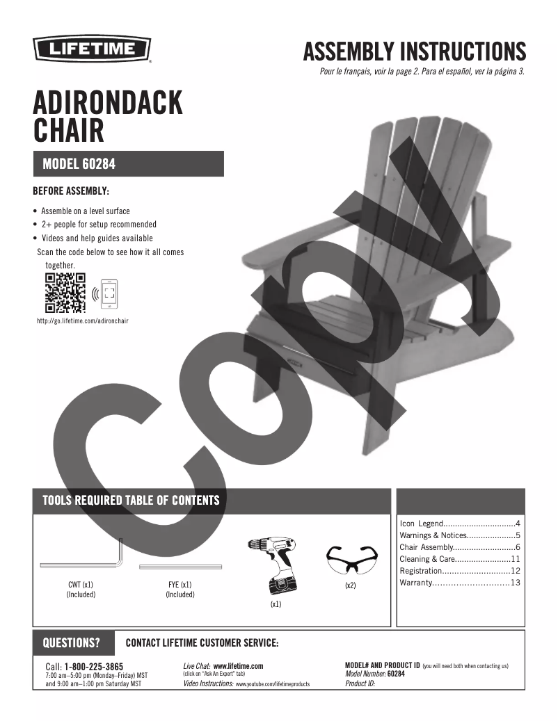 Page 1 de la notice Manuel utilisateur Lifetime 60284