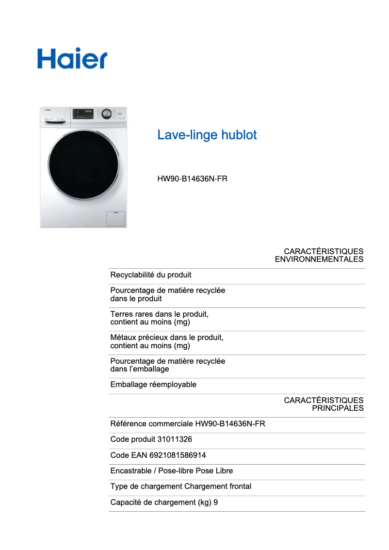 Page 1 de la notice Label énergétique Haier HW90-B14636N