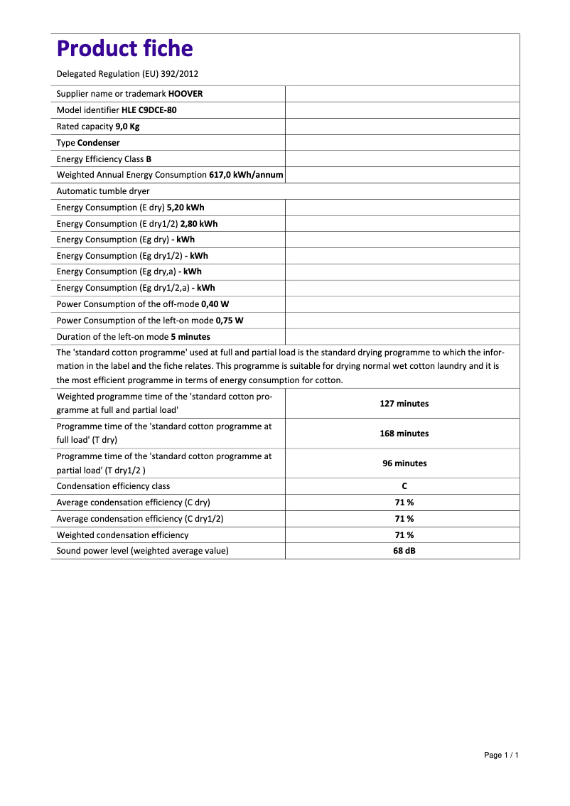 Page 1 de la notice Fiche technique Hoover HLE C9DCE-80