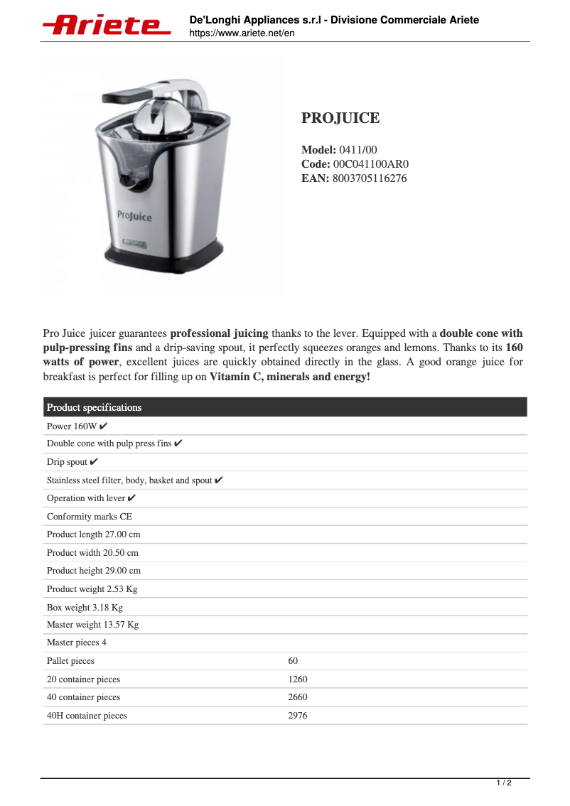 Page 1 of the manual Technical Sheet Ariete ProJuice 0411