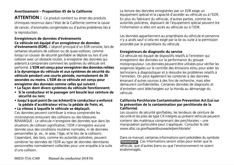 Page 1 de la notice Manuel utilisateur Honda Fit (2018)