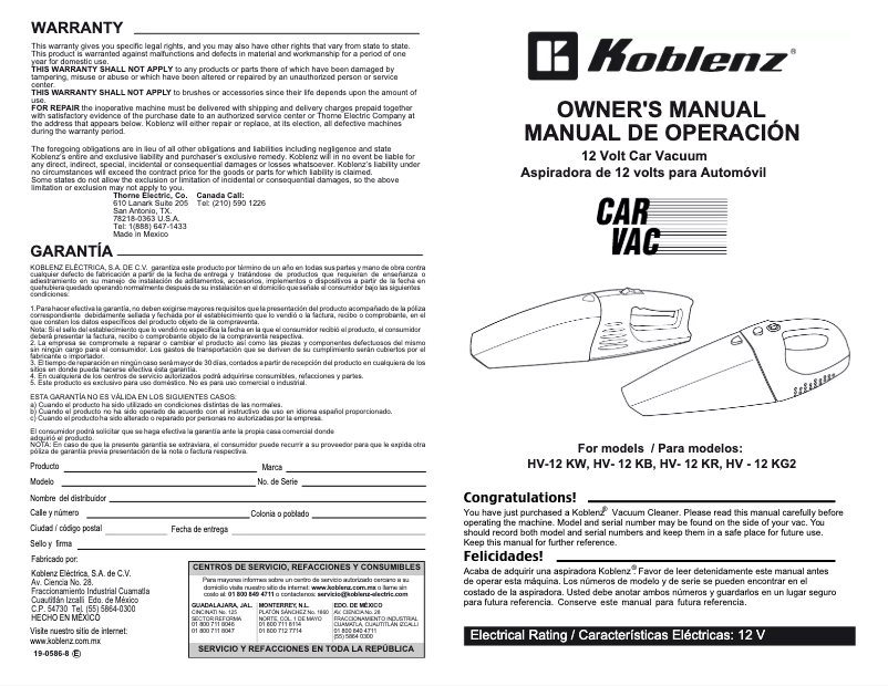 Page 1 de la notice Manuel utilisateur Koblenz HV-12 KG2