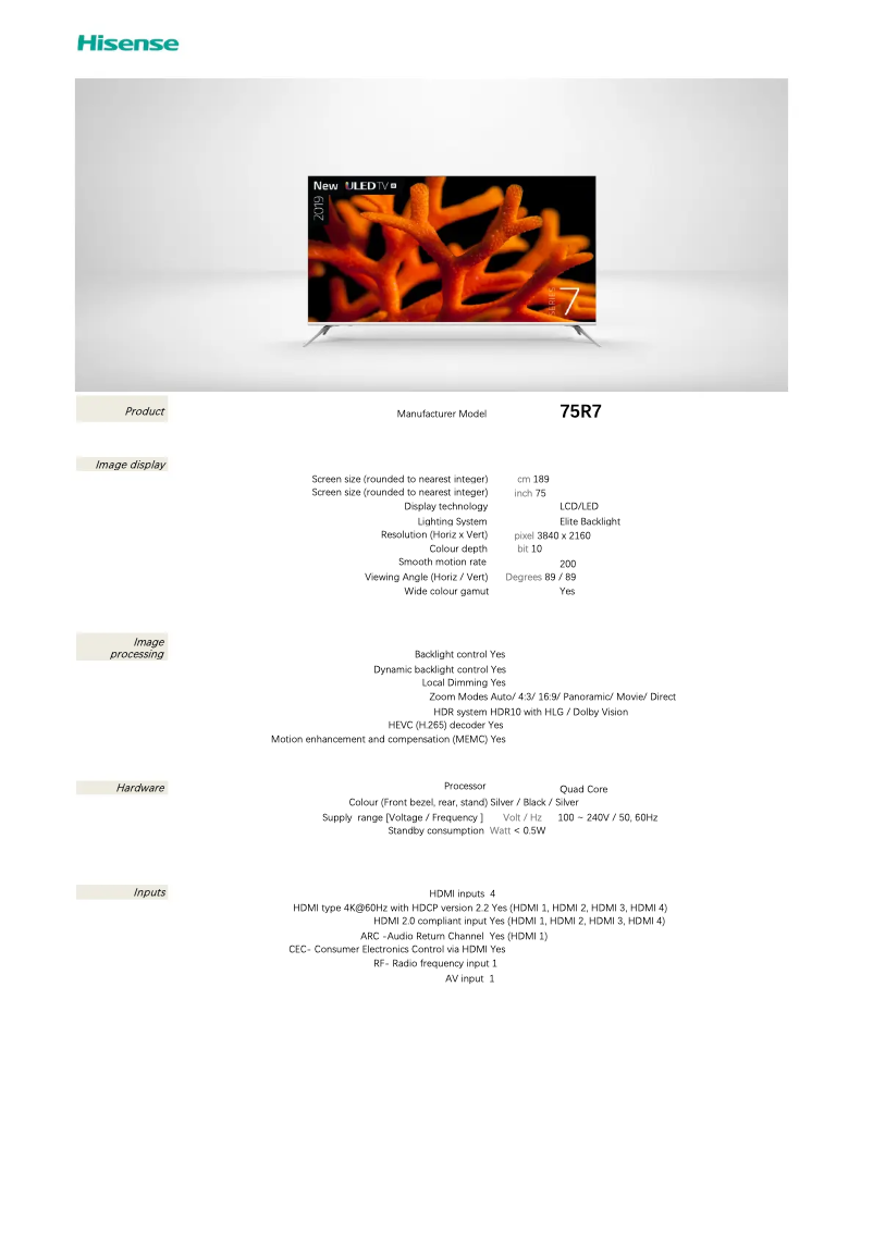 Page n°1 - Fiche technique Hisense 75R7