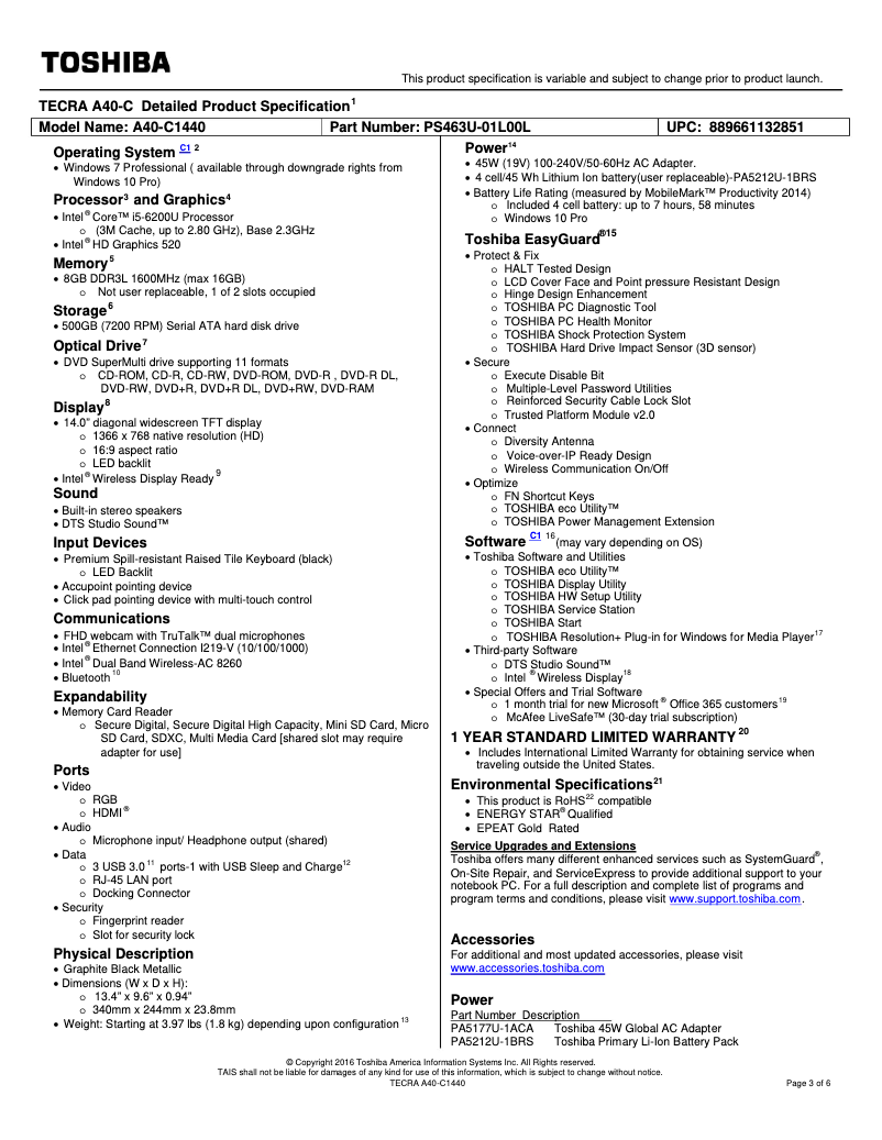 Page 1 de la notice Manuel utilisateur Toshiba Tecra A40