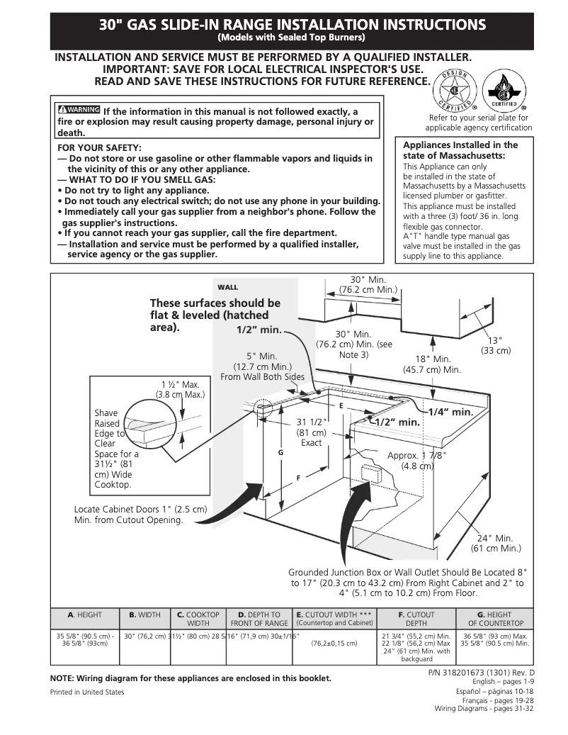 Page n°1 - Guide d'installation Frigidaire FGS366ES