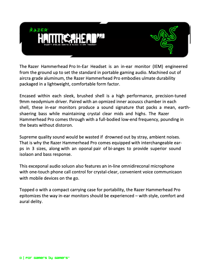 Page 1 de la notice Manuel utilisateur Razer Hammerhead Pro