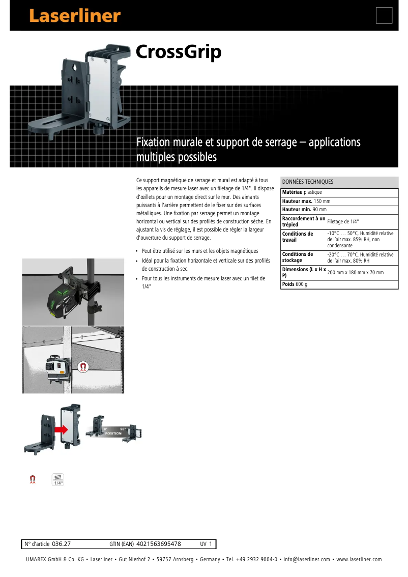 Page n°1 - Fiche technique Laserliner CrossGrip