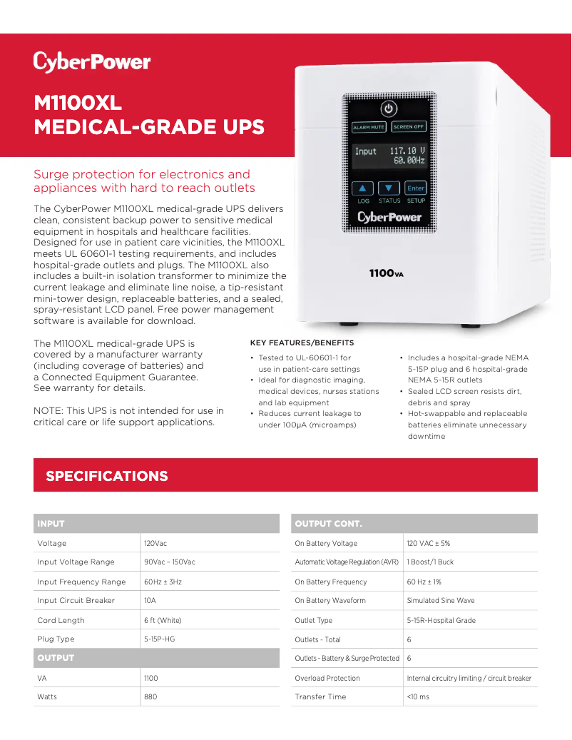Page 1 de la notice Fiche technique CyberPower M1100XL