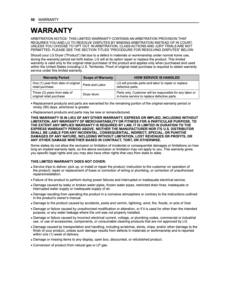 Page 1 de la notice Informations de garantie LG DLEX4500B