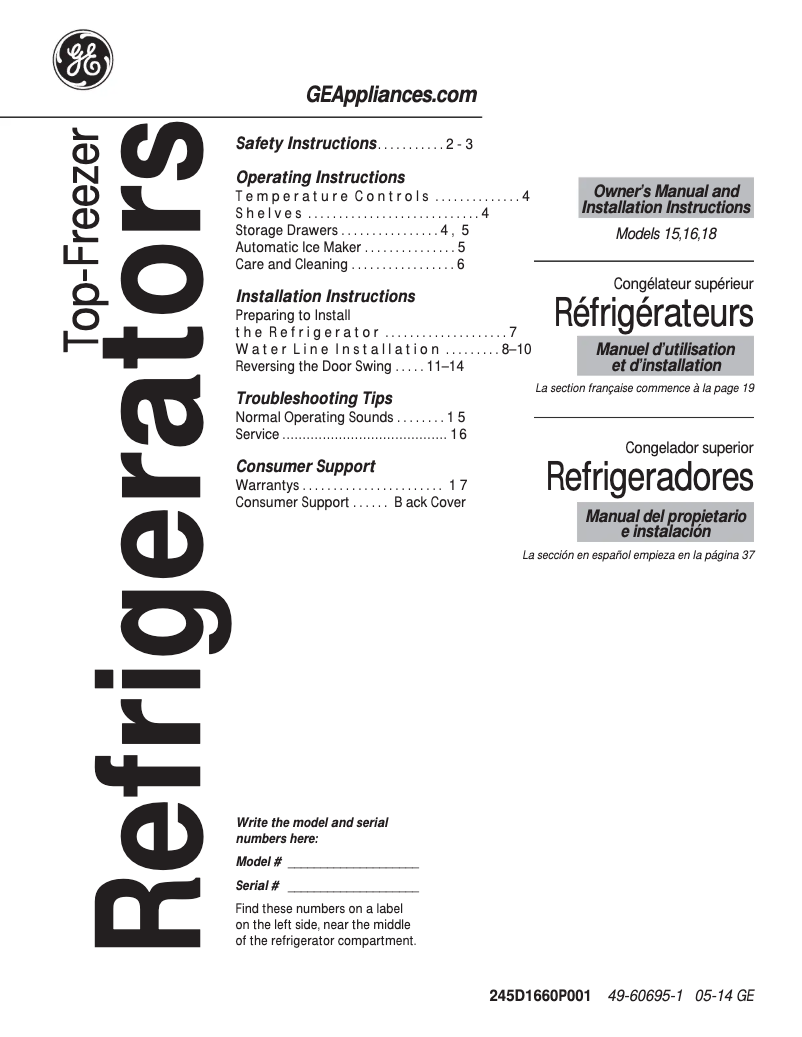 Page 1 de la notice Mode d'emploi GE GTE18GTHWW
