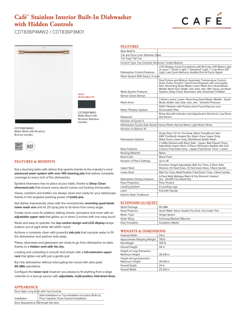 Page 1 de la notice Fiche technique GE Café CDT836P3MD1