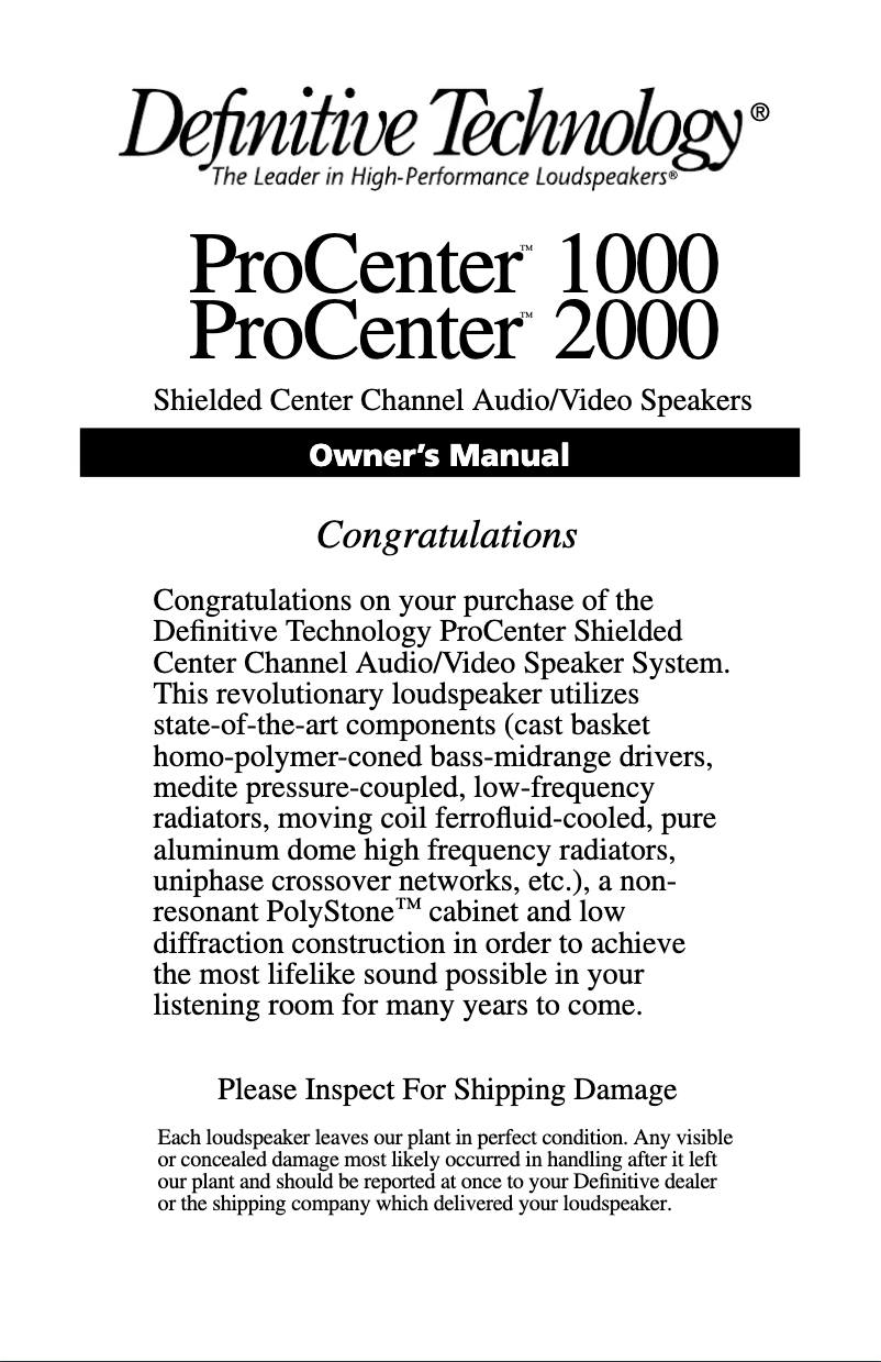 Page n°1 - Manuel utilisateur Definitive Technology ProCenter 2000