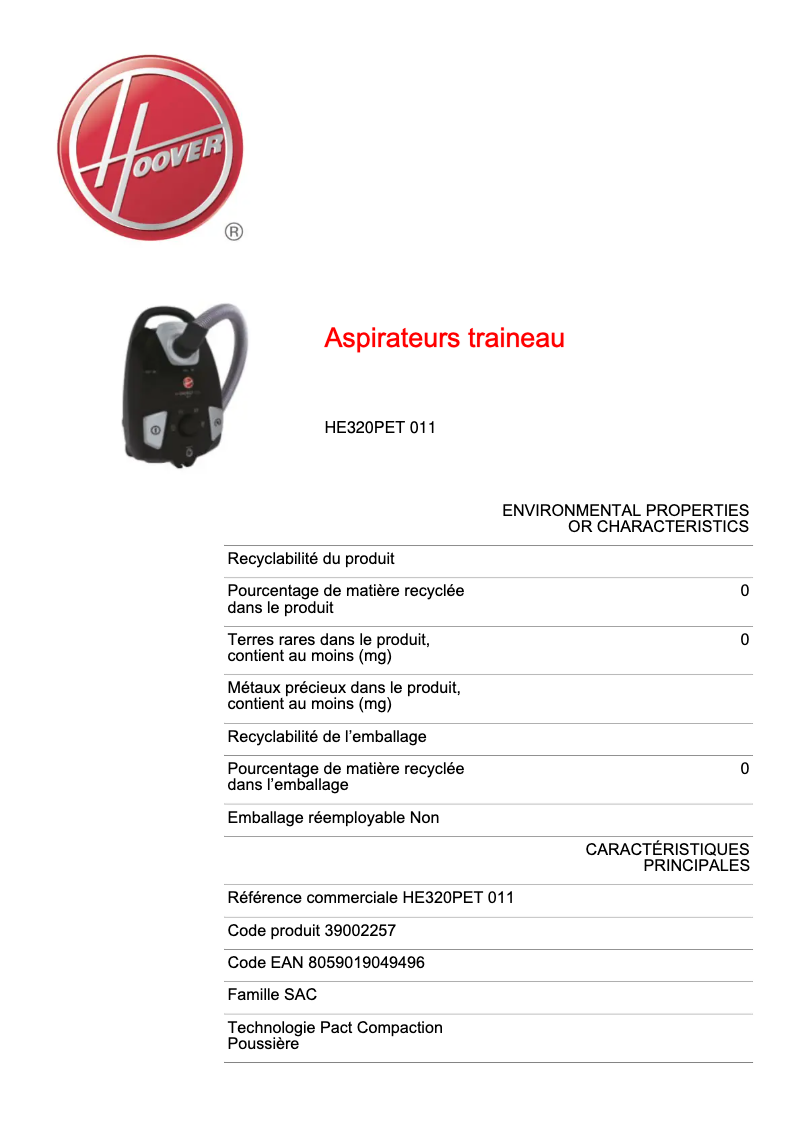 Page n°1 - Fiche technique Hoover HE320PET 011