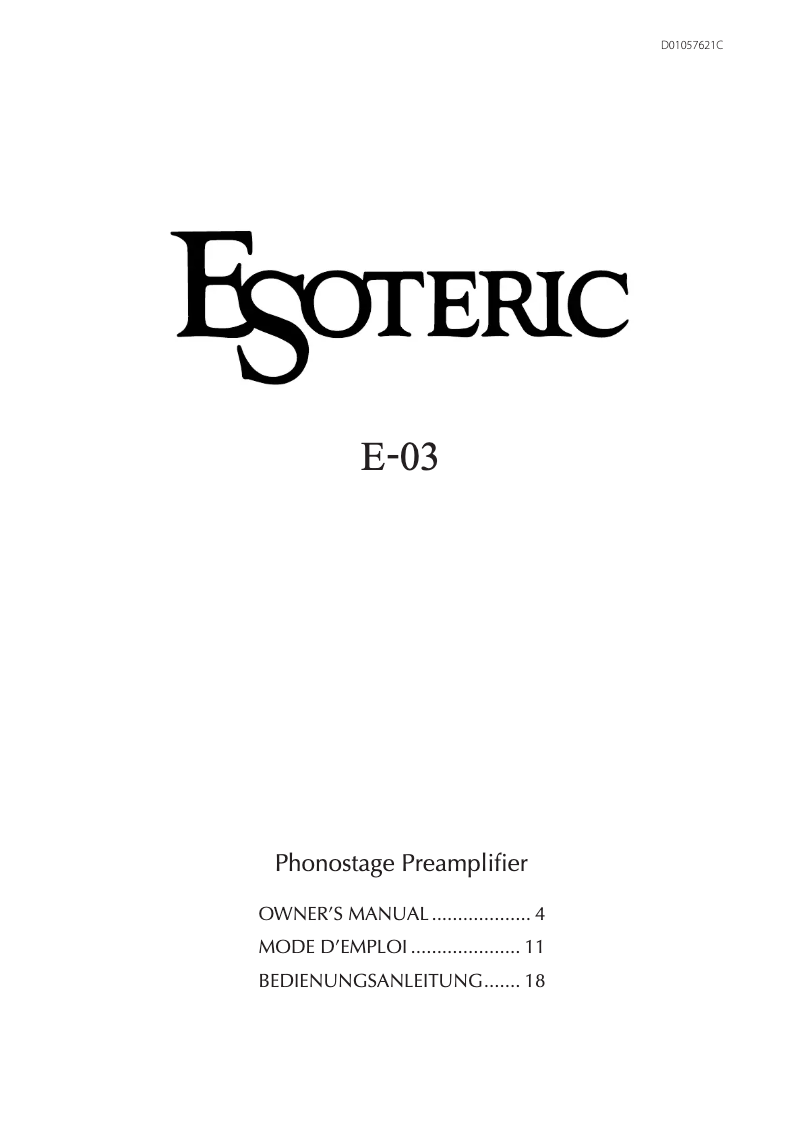 Page n°1 - Manuel utilisateur Esoteric E-03