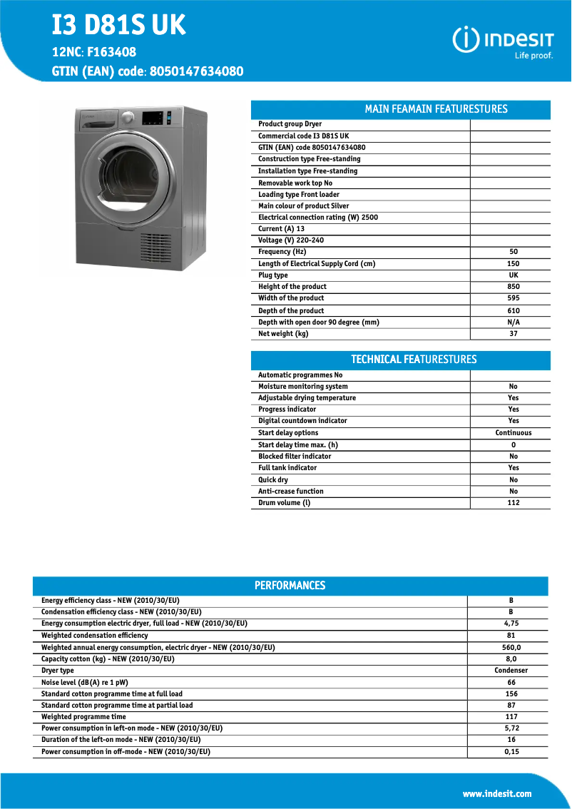 Page n°1 - Fiche technique Hotpoint I3 D81S UK
