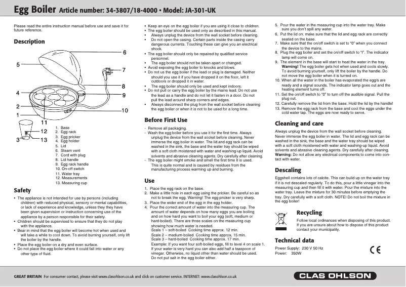 Page n°1 - Manuel utilisateur Clas Ohlson JA-301-UK