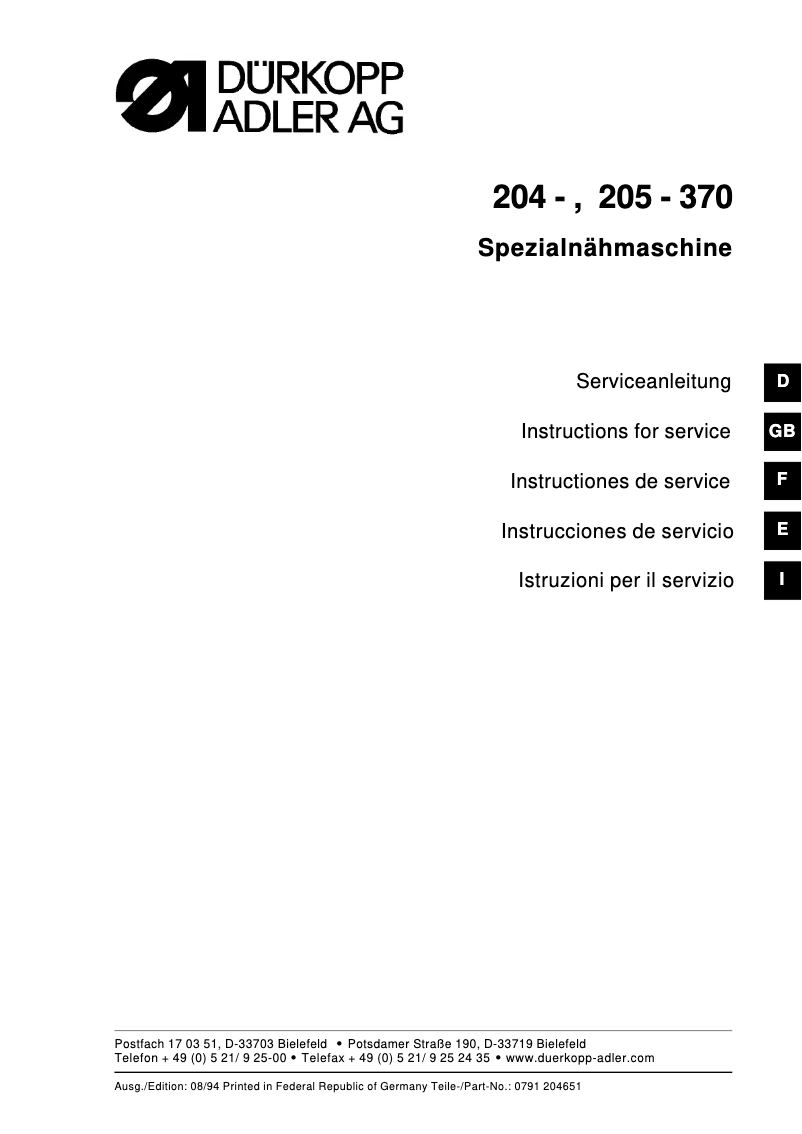Page n°1 - Manuel utilisateur Dürkopp Adler 205