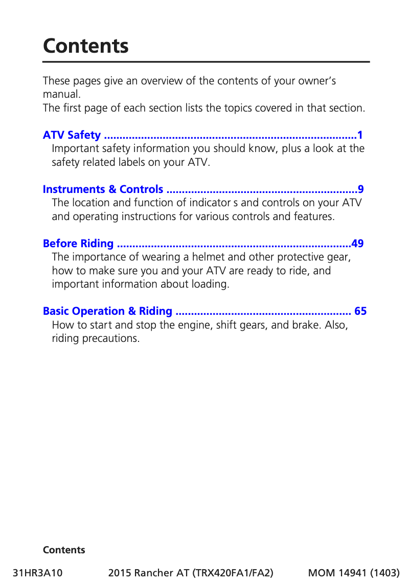 Page 1 de la notice Manuel utilisateur Honda FourTrax Rancher TRX420 (2015)