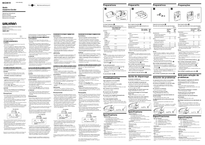 Image de la première page du manuel de l'appareil Walkman WM-SR1