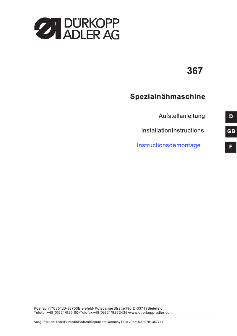 Page n°1 - Guide d'installation Dürkopp Adler 367