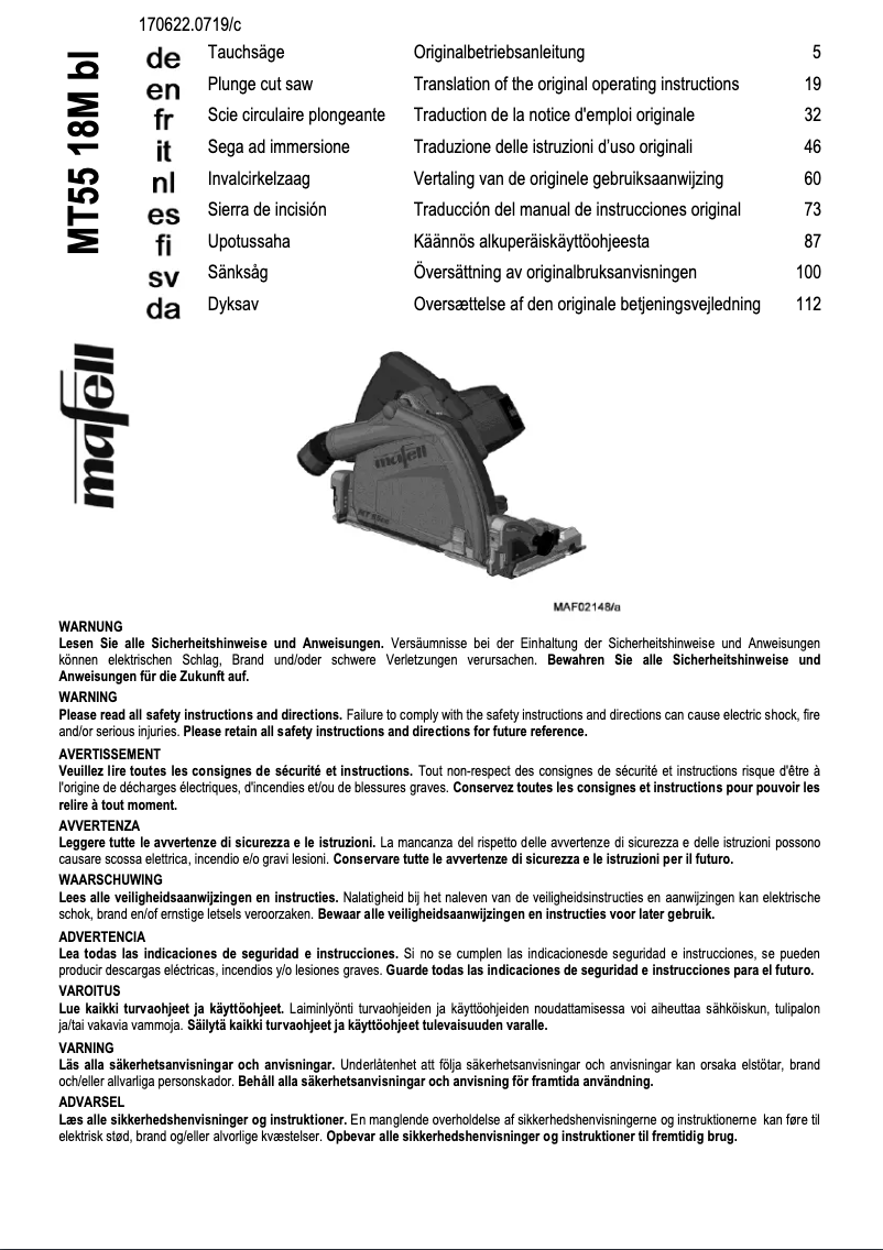 Page 1 de la notice Manuel utilisateur Mafell MT55 18 bl