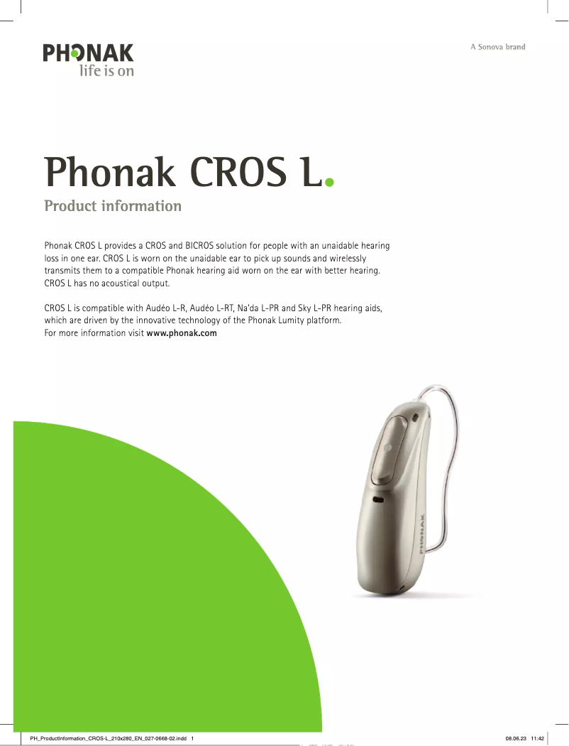 Page 1 de la notice Fiche technique Phonak CROS L-R