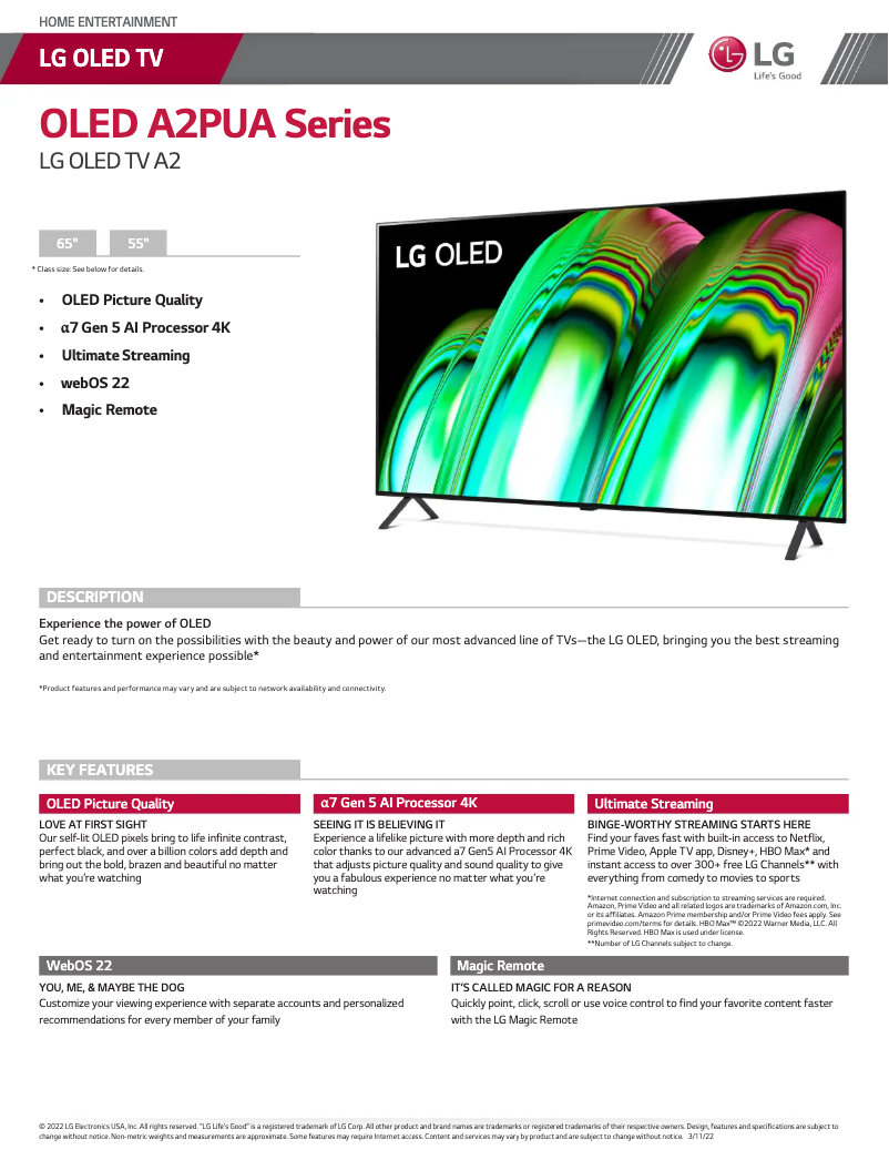 Page n°1 - Fiche technique LG OLED65A2PUA
