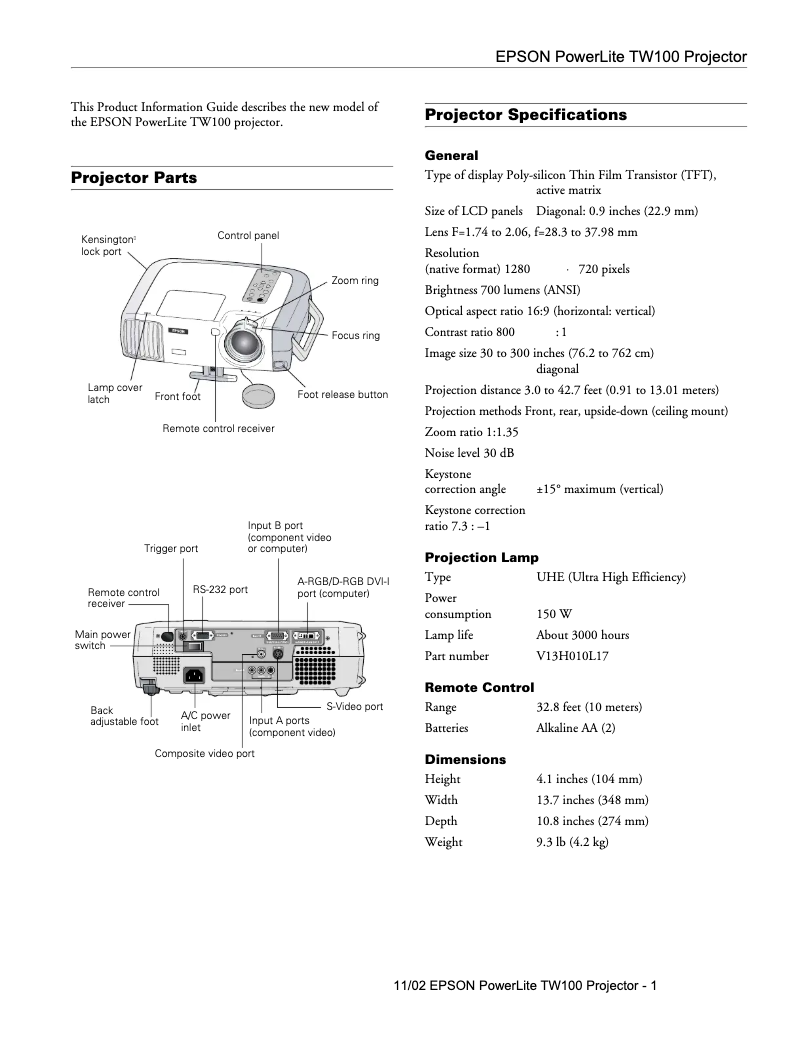 Imagen de la primera página del manual del dispositivo PowerLite TW100