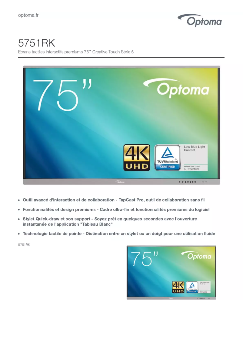 Page n°1 - Fiche technique Optoma 5751RK