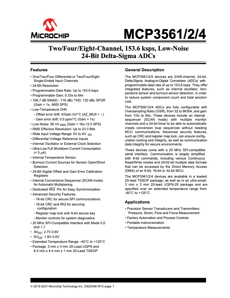 Page 1 de la notice Fiche technique Microchip MCP3561