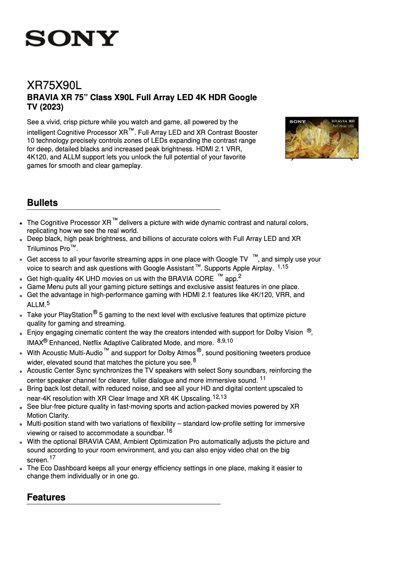 Page n°1 - Fiche technique Sony XR-75X90L