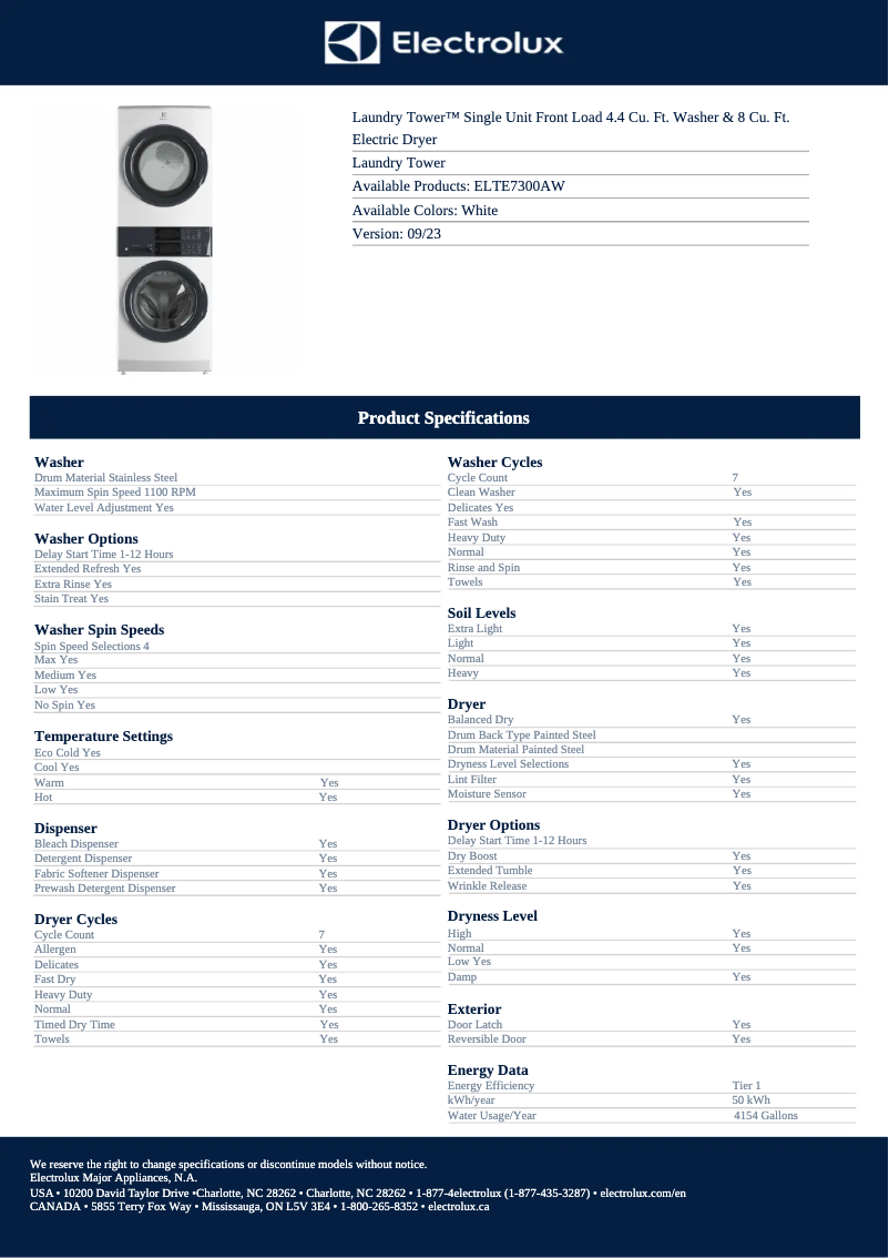 Page 1 de la notice Fiche technique Electrolux ELTE7300AW