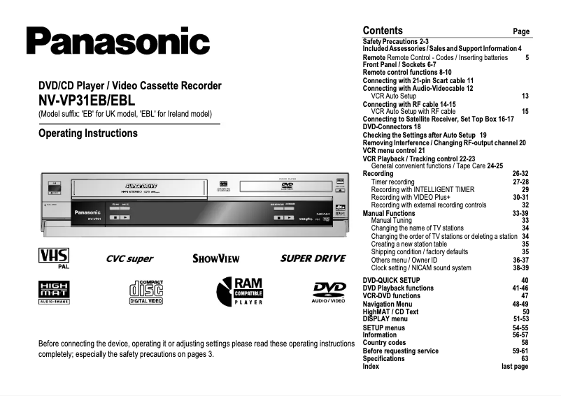 Page 1 de la notice Manuel utilisateur Panasonic NV-VP31EB
