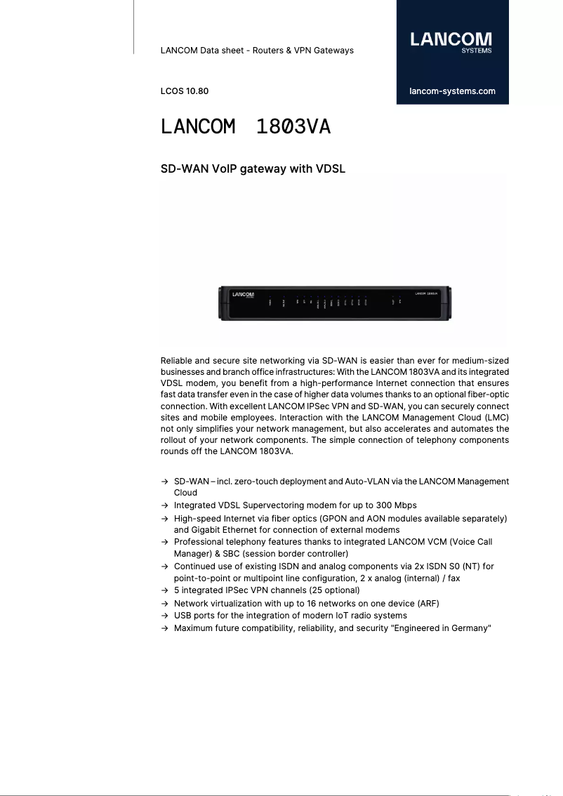Page n°1 - Fiche technique Lancom 1803VA