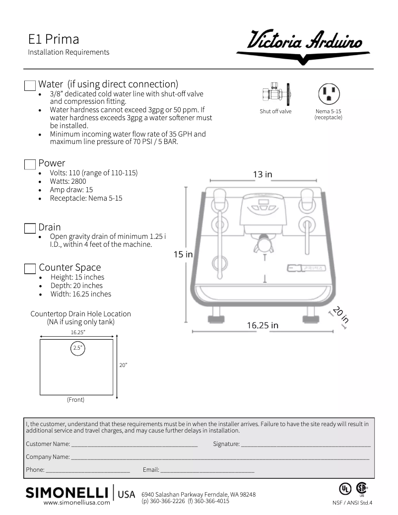 Page 1 de la notice Fiche technique Victoria Arduino E1 Prima