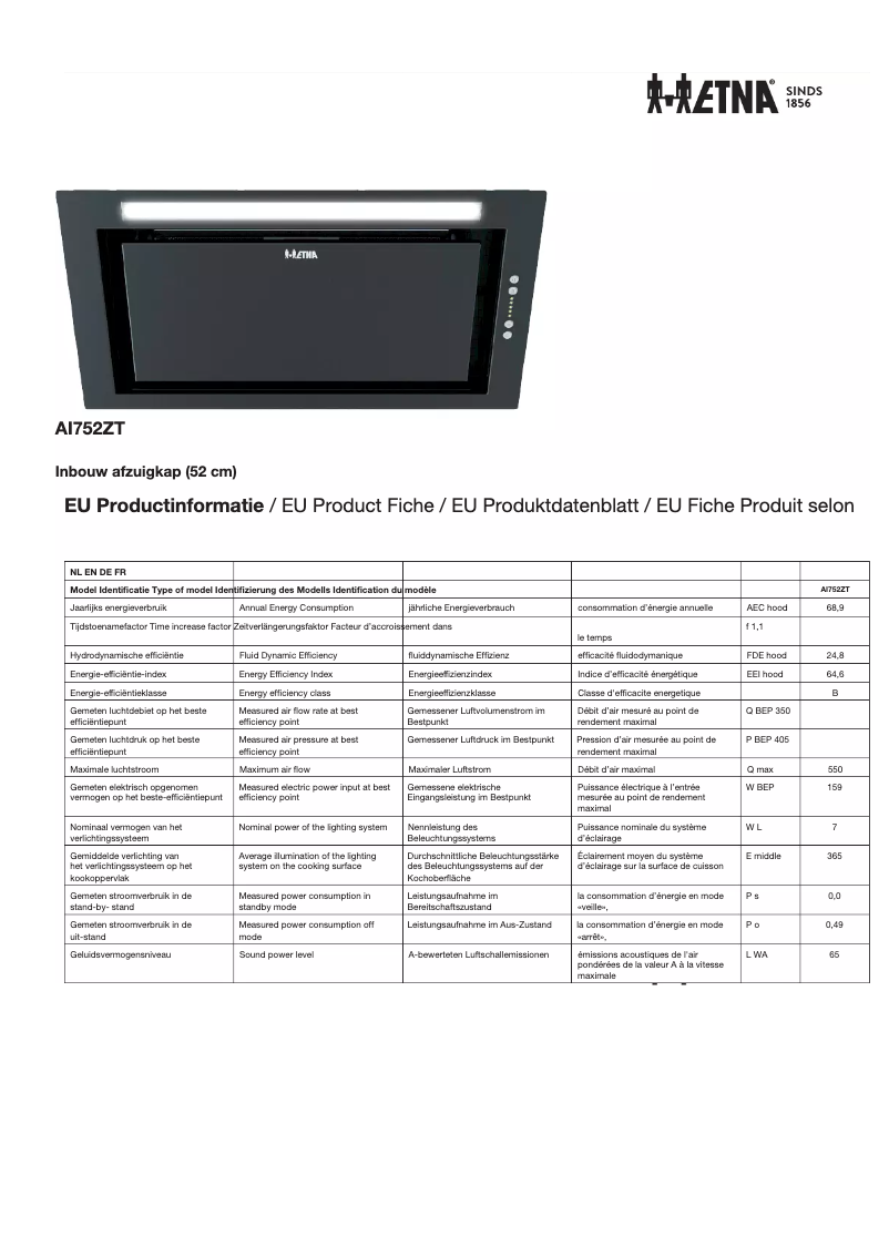 Page 1 de la notice Fiche technique Etna AI752ZT
