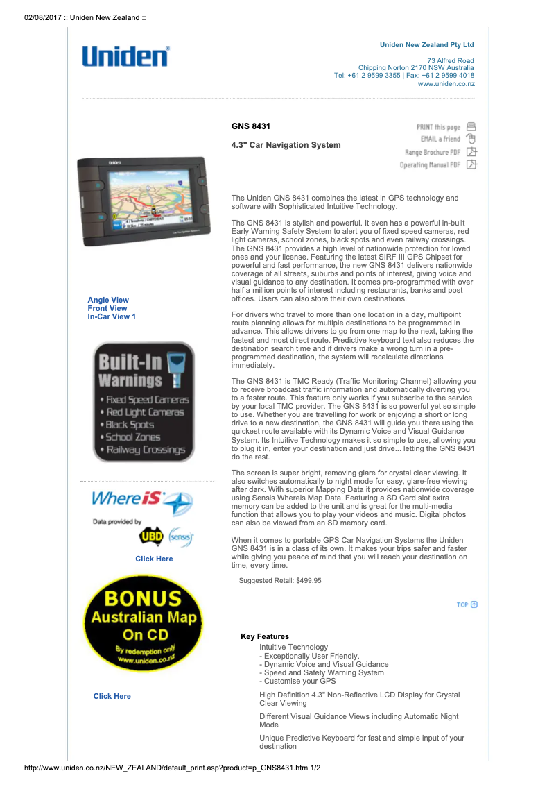 Page 1 of the manual User Manual Uniden GNS 8431