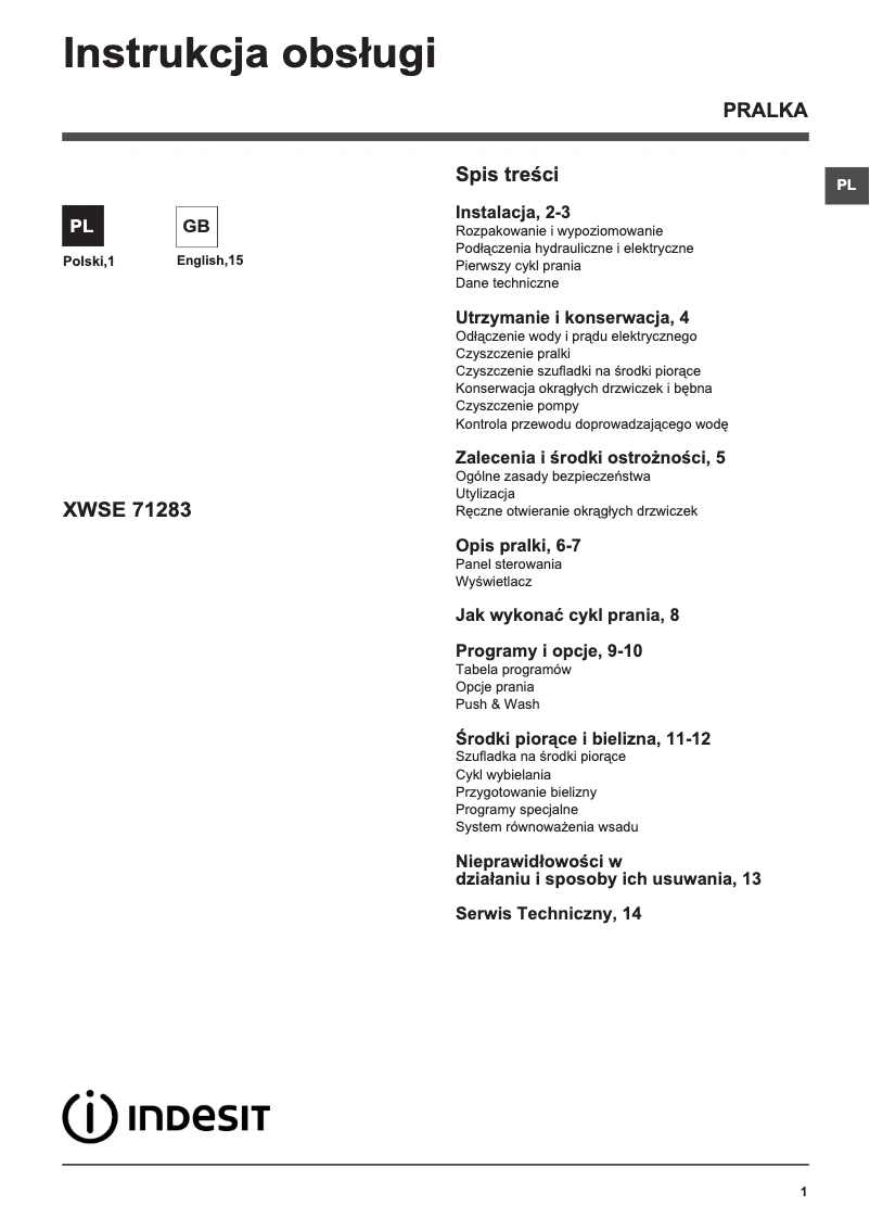 Page n°1 - Manuel utilisateur Indesit XWSE 71283X WWGG PL