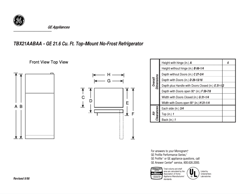 Página 1 del manual Ficha técnica GE TBX21AABAA