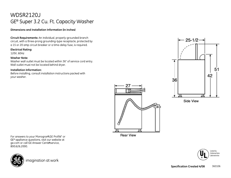 Page 1 de la notice Fiche technique GE WDSR2120JWW