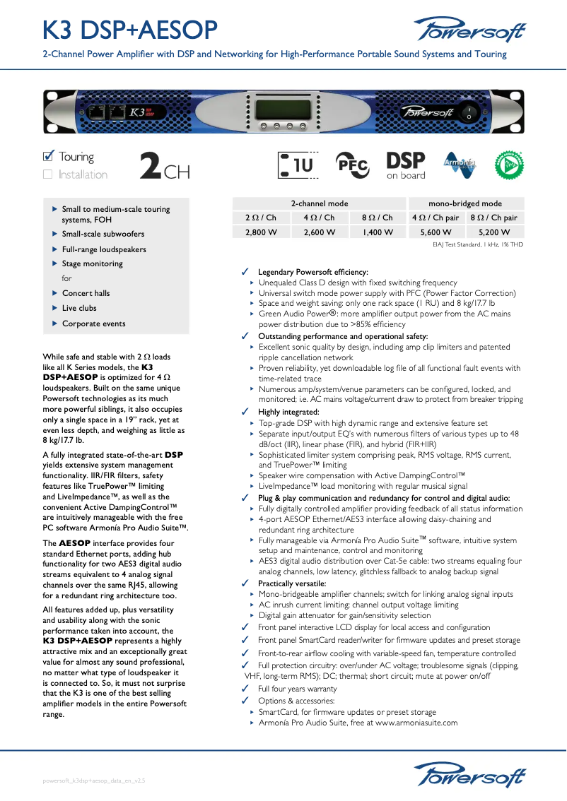Page 1 de la notice Fiche technique Powersoft K3