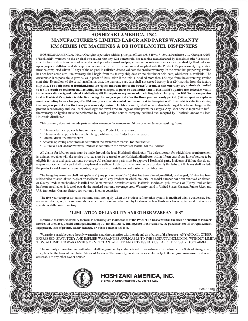 Page 1 de la notice Informations de garantie Hoshizaki KMD-460MWH