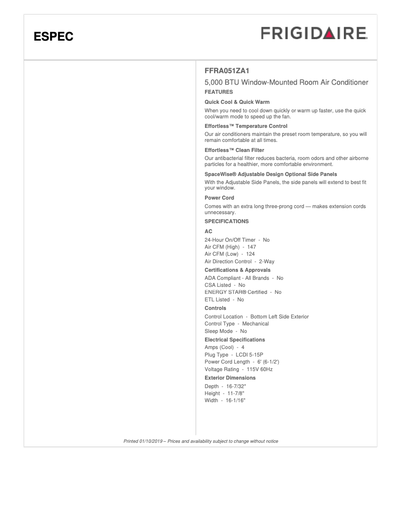 Page 1 de la notice Fiche technique Frigidaire FFRA051ZA1
