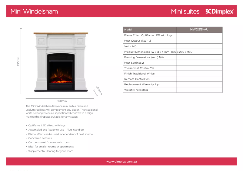 Page 1 de la notice Fiche technique Dimplex Mini Windelsham MWDS15-AU