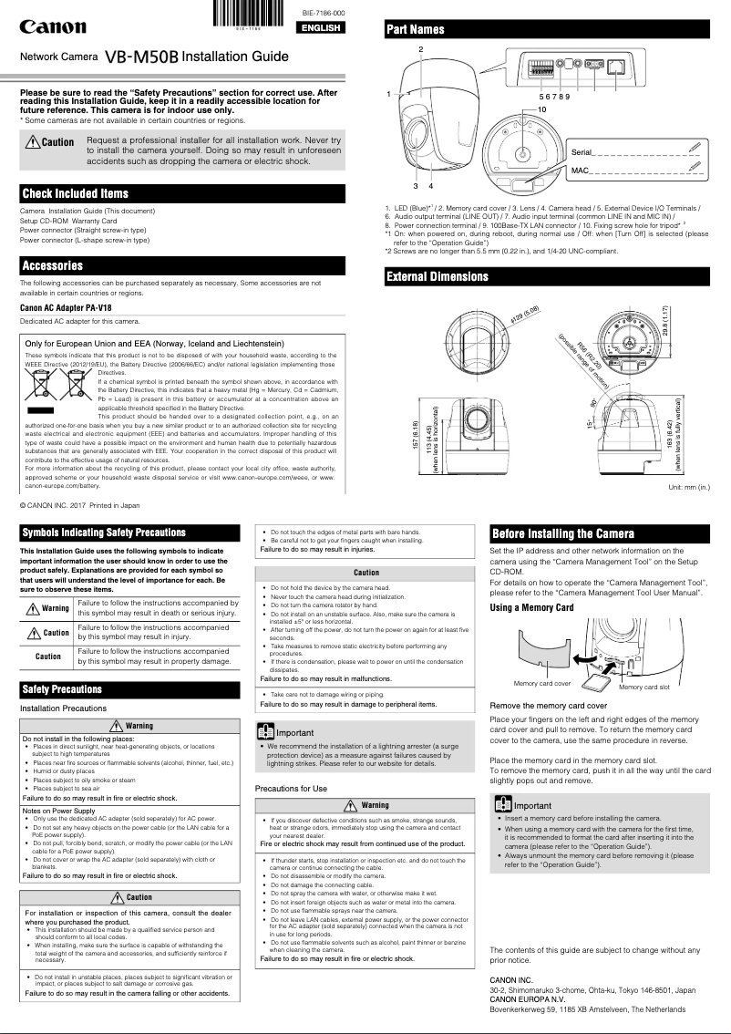Page n°1 - Guide d'installation Canon VB-M50B