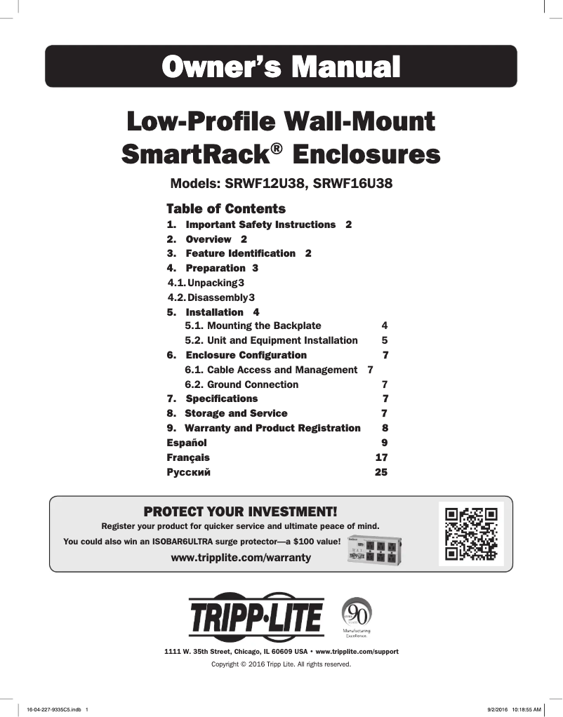 Página 1 del manual Manual de usuario Tripp Lite SmartRack SRWF12U38